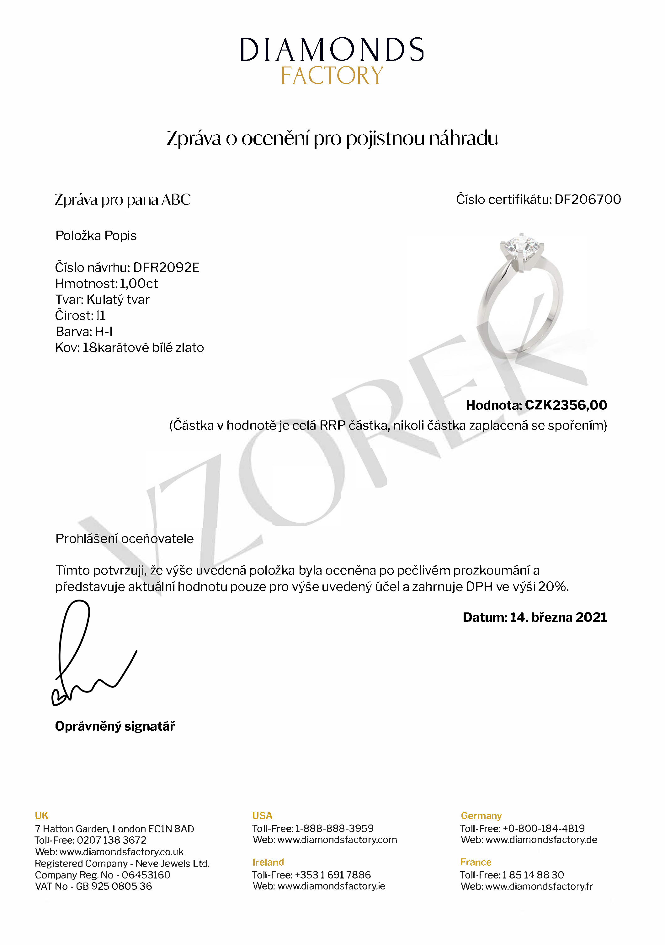Valuation Certificate
